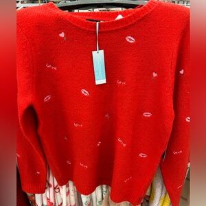 Cynthia Rowley Red Love Hearts and Lips Sweater Valentines ❤️💋🌹